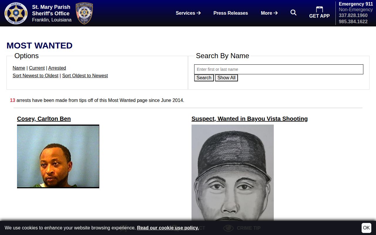 St. Mary Parish Sheriff's Office most wanted record search