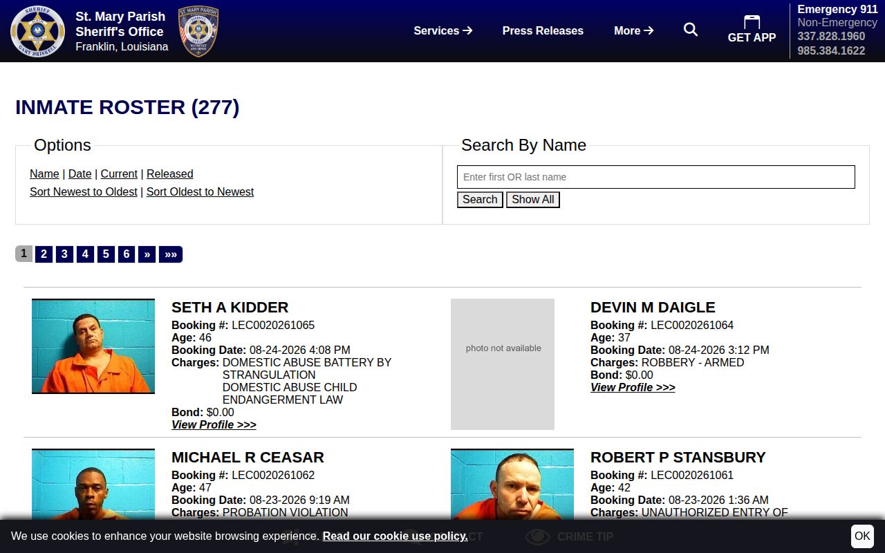 St. Mary Parish official current booking roster search interface